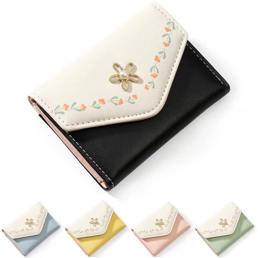 Girls Floral Print Wallet Small Aesthetic Trifold Wallet PU