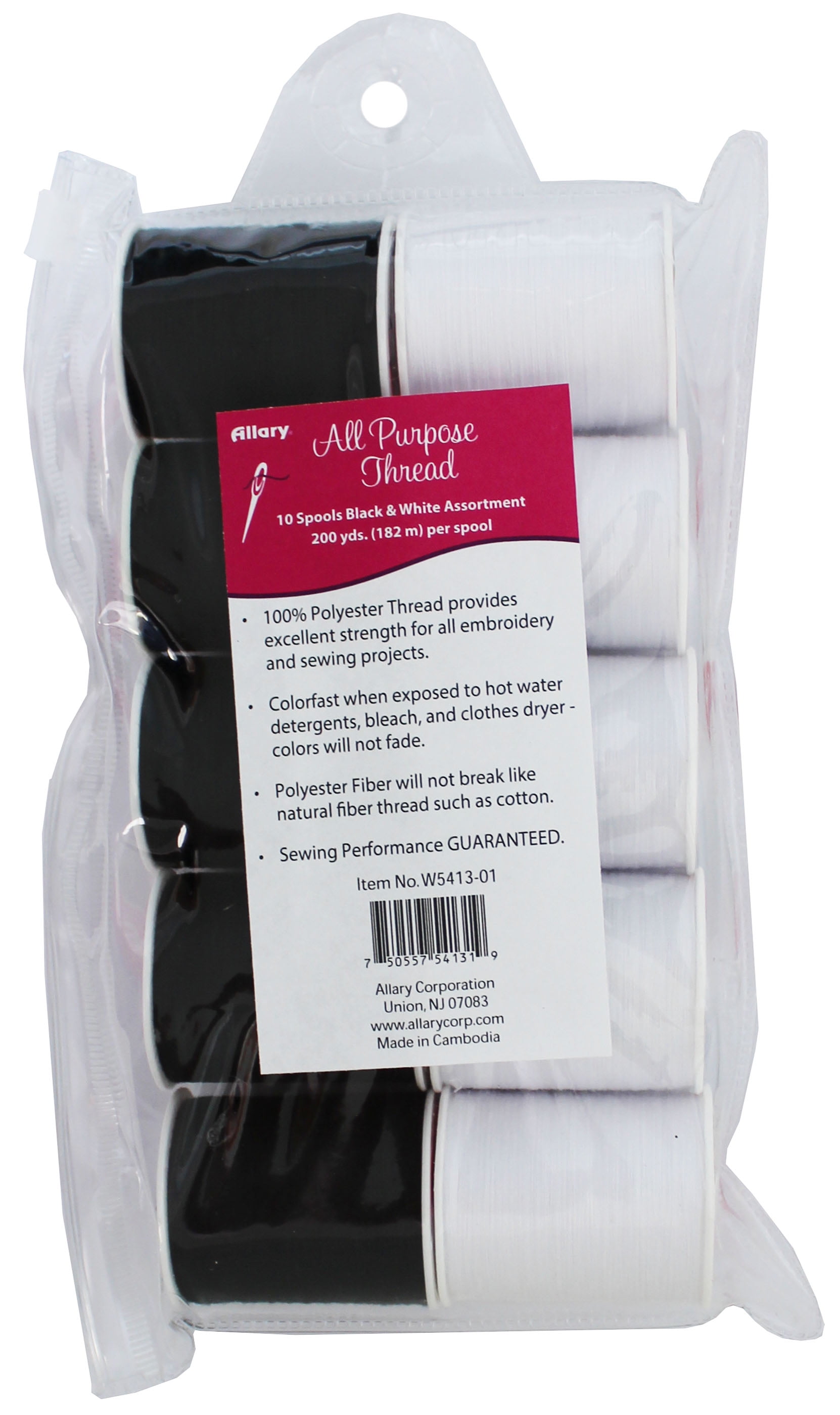 Allary Black and White 100% Polyester Sewing Thread, 200 Yds per Spool, 10 Count