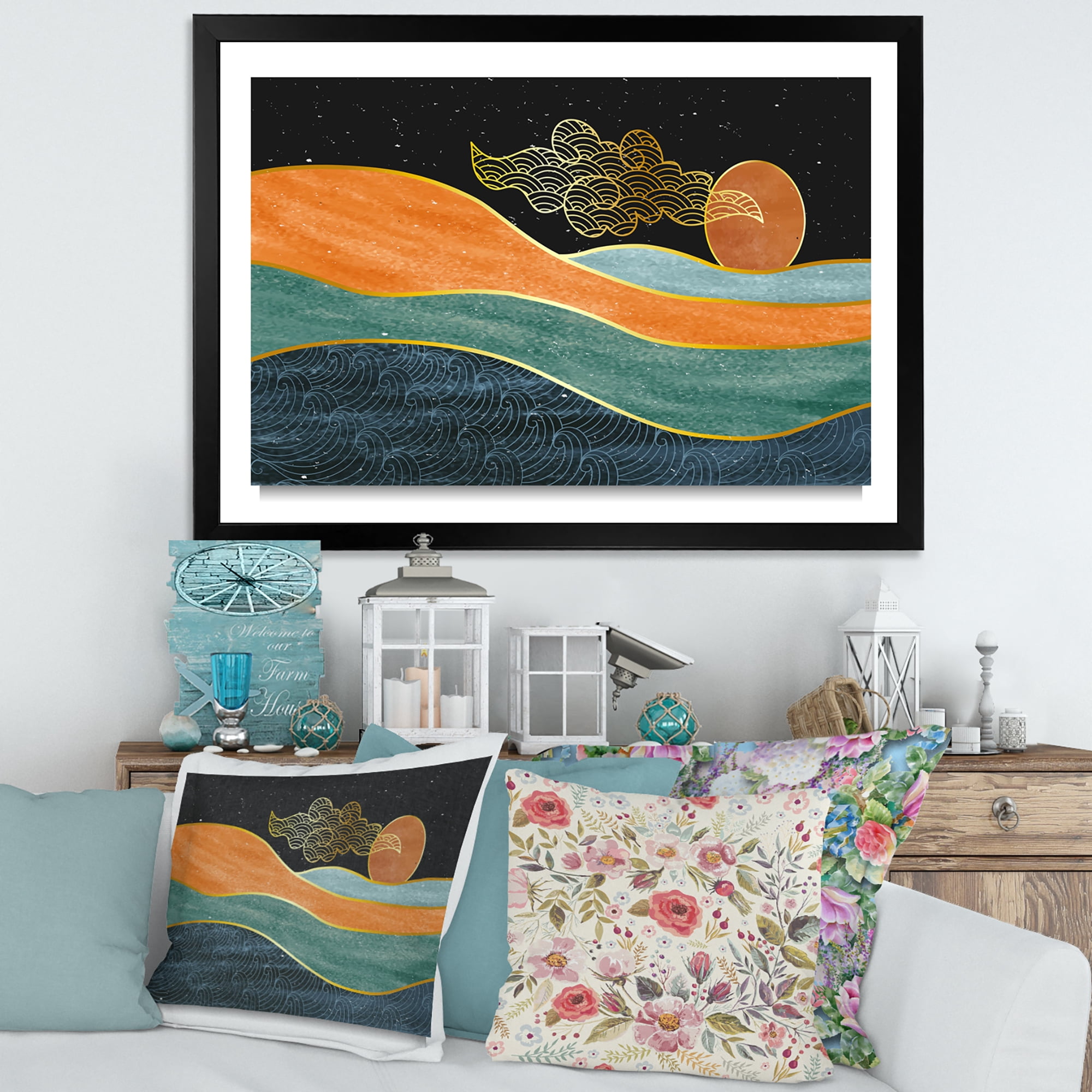 Designart 'Abstract Nature Sea Sun Sky Mountain Landscape' Modern Framed Art Print