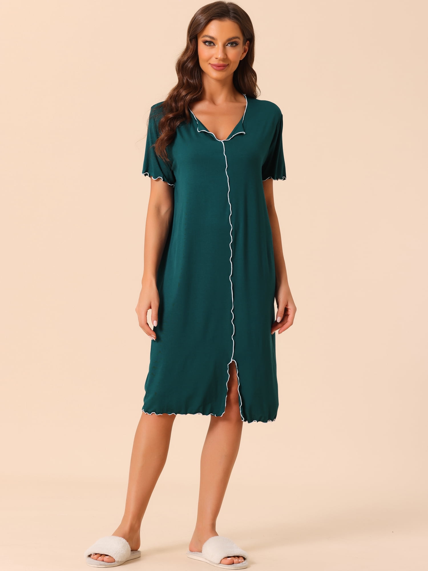 DARING DIVA Women's Ruffled V Neck Short Sleeve Sleepshirt Pajama Nightgown S Green