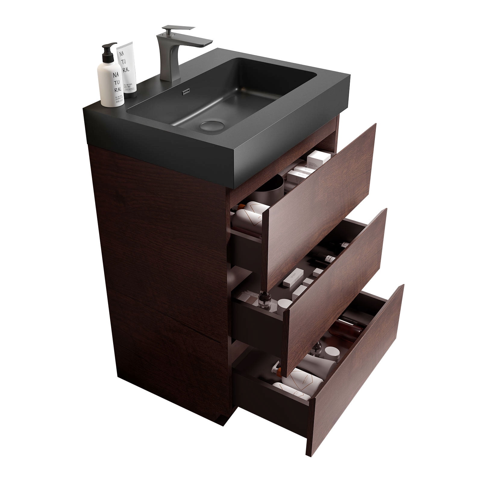 CITTANEO 24 Inch Bathroom Vanity with Black Sink, Modern Bathroom Cabine in Walnut