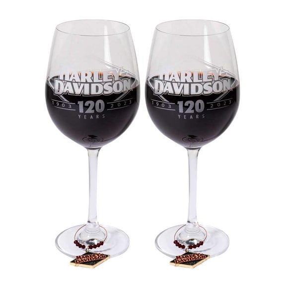 Harley-Davidson 120th Anniversary Two 16 oz. Wine Glasses with Metal Charms Set, Harley Davidson