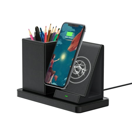 KINGFOM Wireless Charger with Desk Organizer, Pen Holder + Qi-Certified Wireless Charging Station for Apple iPhone 13/13 Pro Max/Samsung/Huawei/Xiaomi, Black