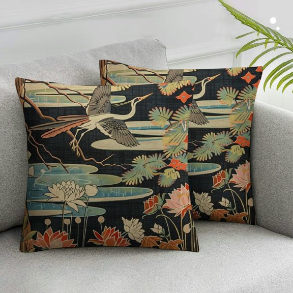 Acheng Heron Throw Pillow Cover Japanese Crane Asian Oriental Birds Blooming Floral Autumn Leaves Branch Square Pillow Case Cushion Cover for Home Car Decorative,2 Pcs White