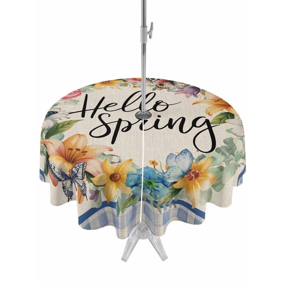 Outdoor Tablecloth with Umbrella Hole and Zipper, Hello Spring Round Table Cloth 54 Inch Waterproof Tablecloth, Farmhouse Floral Eucalyptus Wood Plaid Burlap Picnic Table Cover for Patio Camping