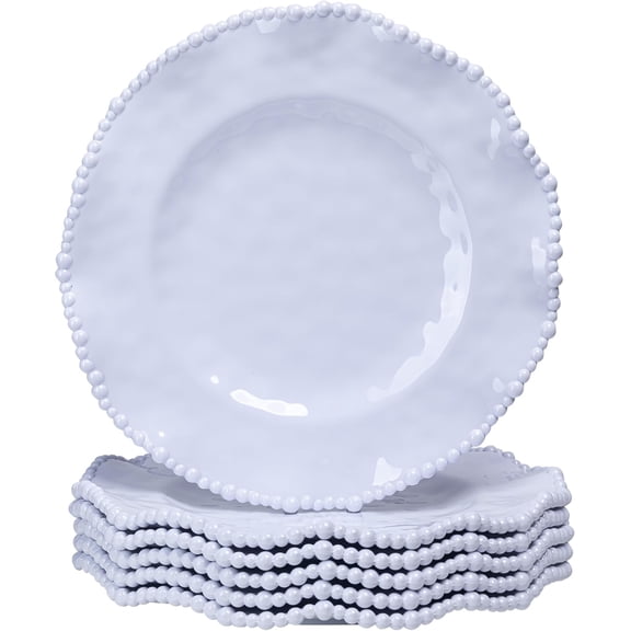 White Beaded Melamine 11 Inch Dinner Plates,Set of 6, Elegant Scalloped Pearl Serving Dishes plate, Unbreakable Dinnerware Dessert/Salad Plates, Dishwasher safe