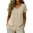 thumbnail image 4 of Women's Blouses Breathable Casual Cotton Linen Tops Crew Neck Short Sleeve Button Down Tee Summer Shirts Beige XXL, 4 of 8