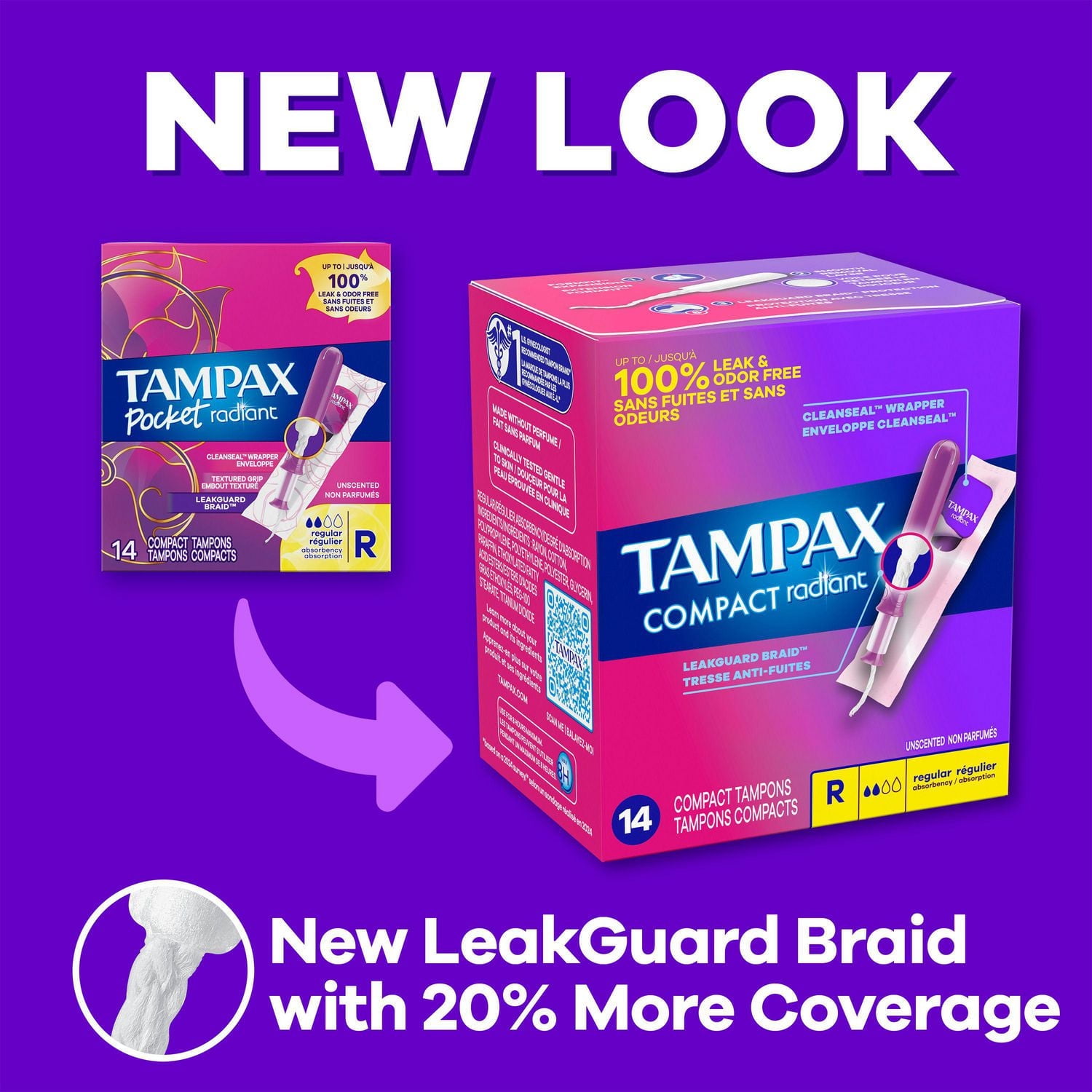 Tampax Compact Radiant Tampons, with LeakGuard Braid & Extendable Applicator, Super Absorbency, Unscented