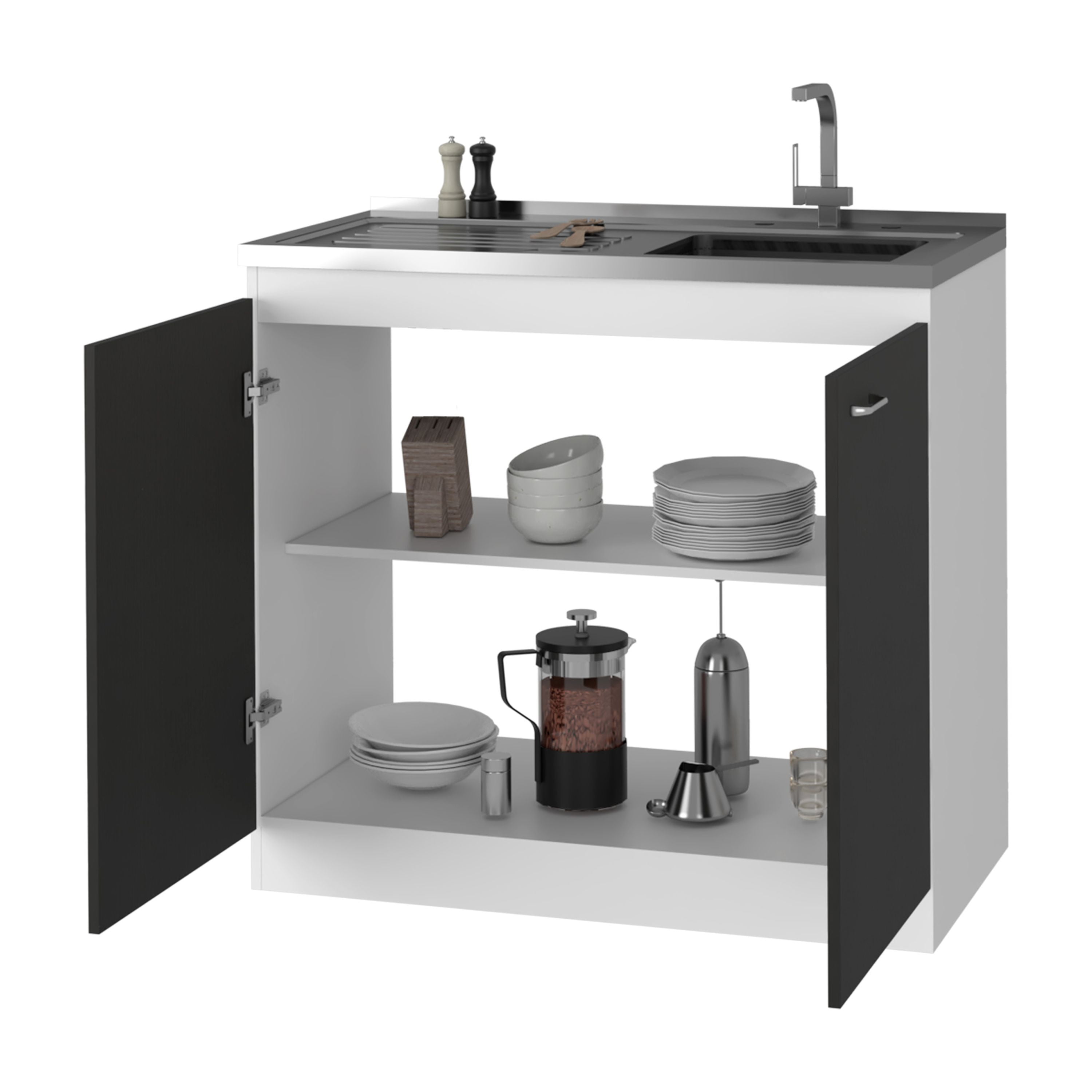 Miekor Furniture Oklahoma Utility Sink, Double Door Cabinet, Stainless Steel Countertop 0033
