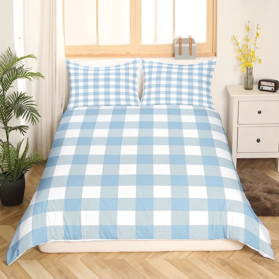 Erosebridal Geometric Plaid Comforter Cover Twin,Blue White Bedding Twin Size,Buffalo Grid Duvet Cover Twin,Lightweight Abstract Room Decor(No Comforter),3pcs