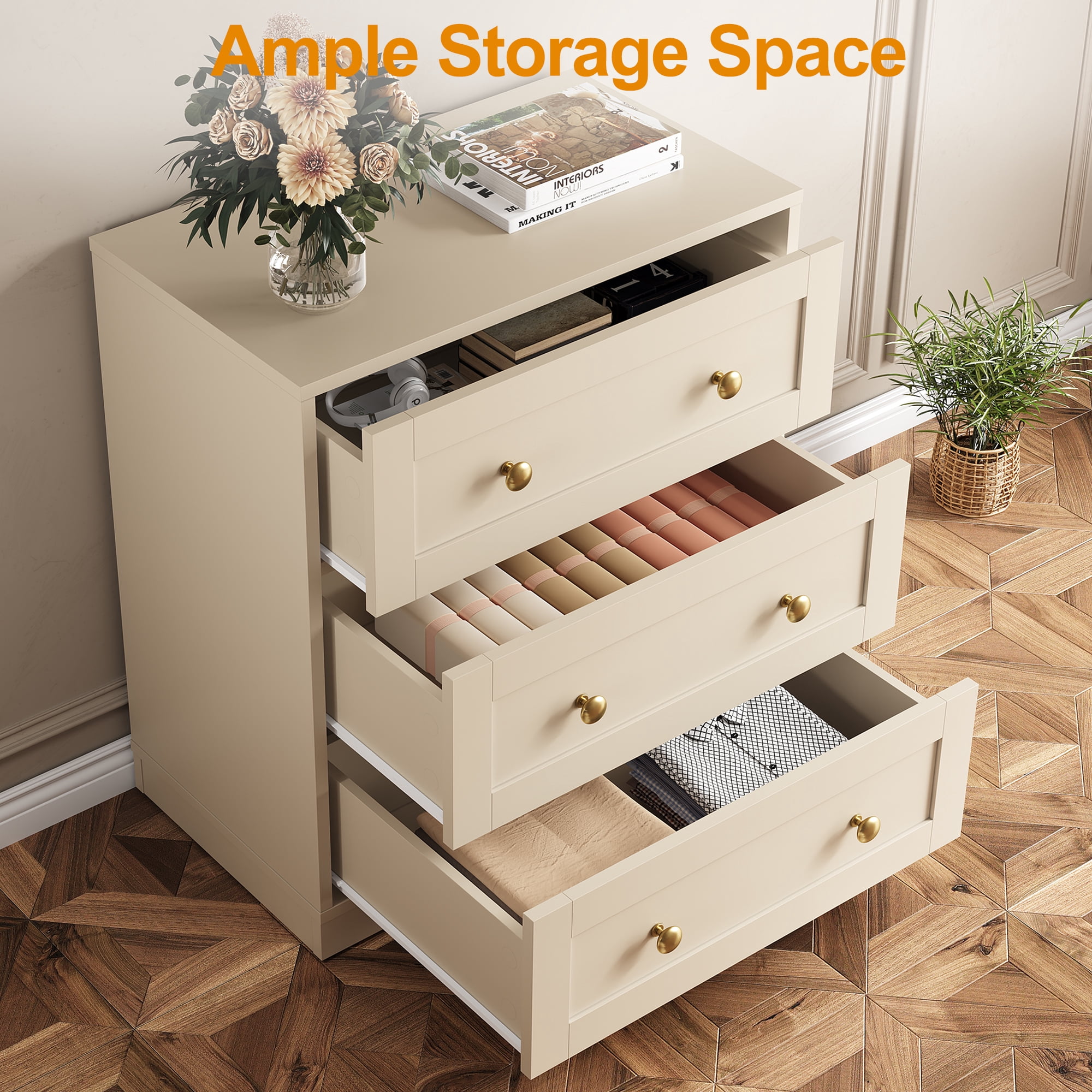 May in Color 3 Drawer Nightstand Set of 2, Modern Wood End Table with Gold Knobs, Beige