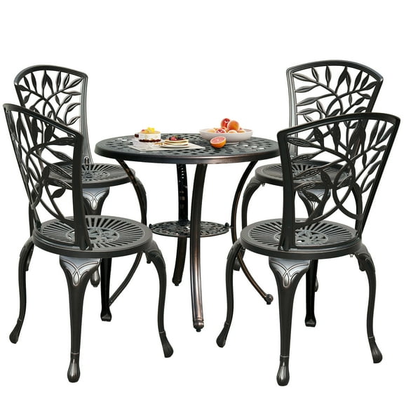 Dextrus 5 Piece Cast Aluminum Outdoor Patio Dining Set, Outdoor Patio Bistro Sets with Round Table, 4 Chairs with Adjustable Feet for Balcony, Lawn, Garden, Backyard, Pool, Black