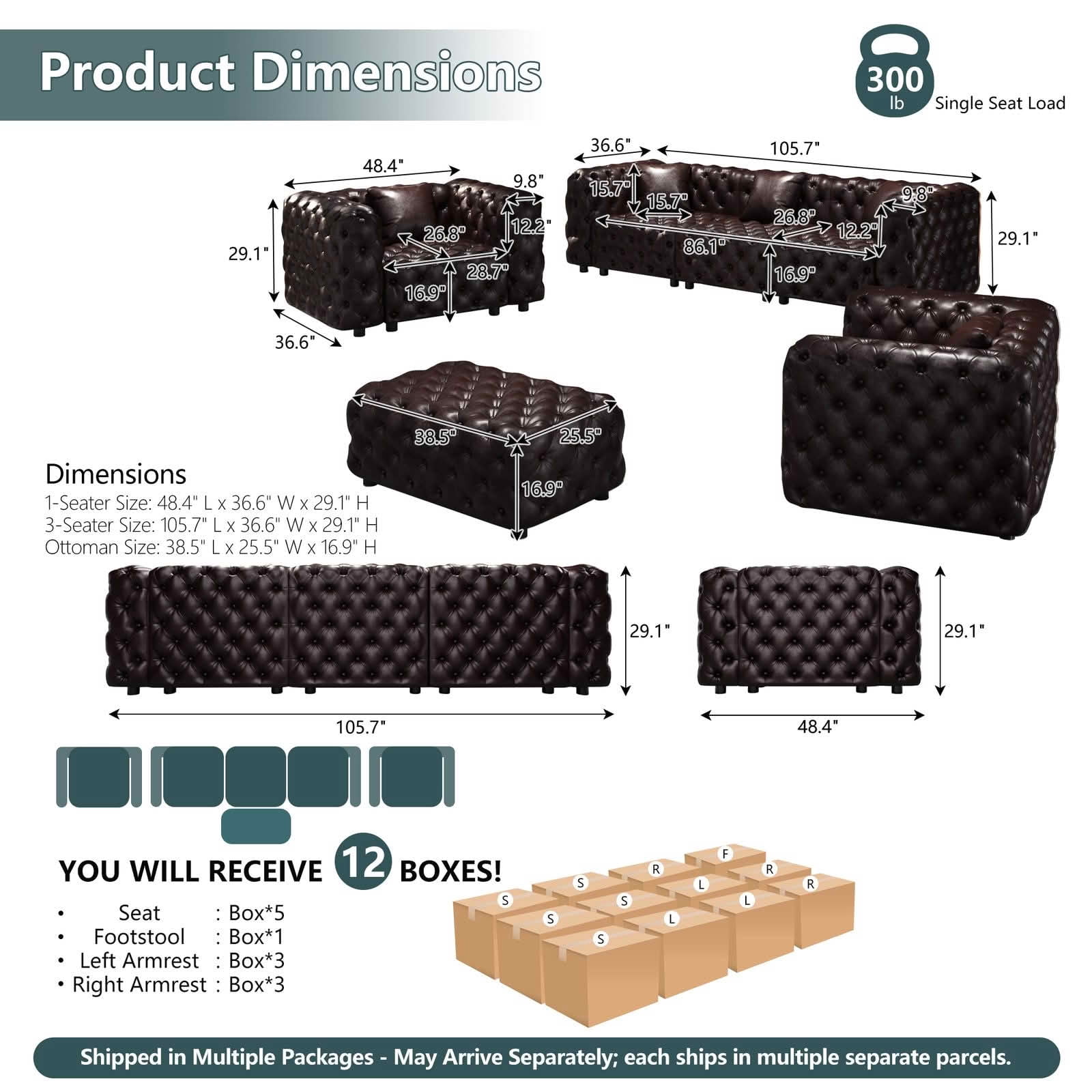 MAYEERTY 5‑Seat Faux‑Leather Modular Sofa Set, Handcrafted Button Tufted Couch with Ottoman & 5 Pillows for Living Room & Small Apartment