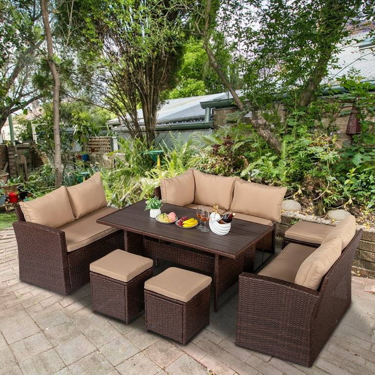 Eight Piece Set Outdoor Rattan Dining Table And Chair Brown Wood
