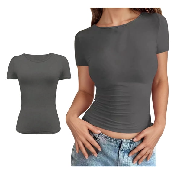 Woman T Shirt Short Sleeve Grey Crew Neck T Shirts Women Slim Fit Summer Clothes Women's Work Tops