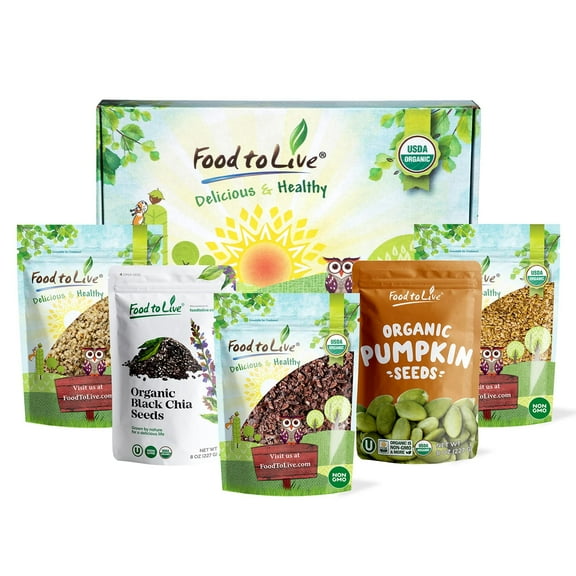 Organic Superfoods in a Gift Box - A Variety Pack of Pumpkin Seeds, Hemp Seeds, Chia Seeds, Golden Flax Seeds, and Cacao Nibs – by Food to Live