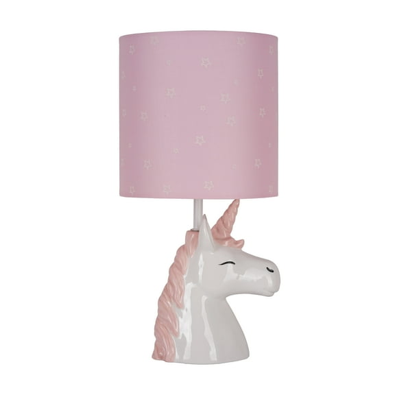 YourZone 16"H Ceramic Unicorn Accent Lamp, Pink and White Glossy Finish with Glow-in-the-Dark Star Print Shade