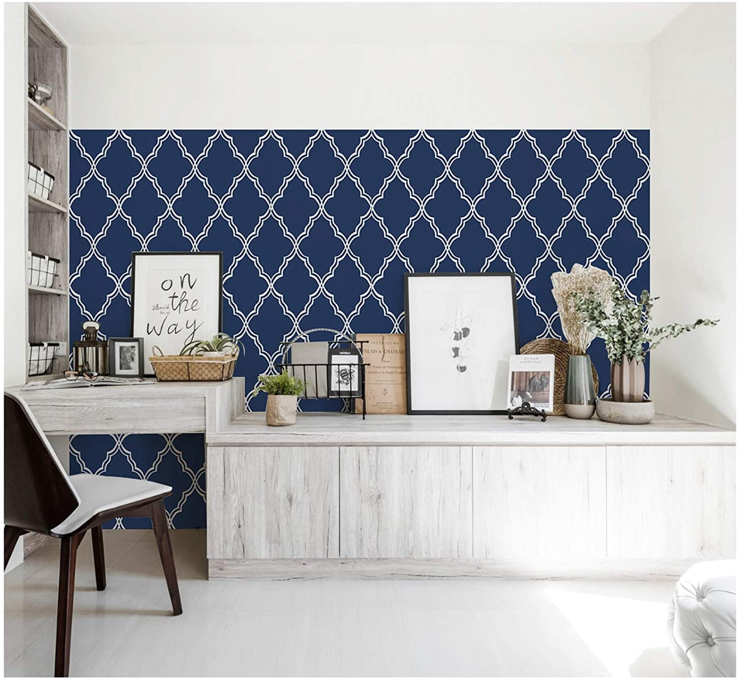 Geometric Peel and Stick Wallpaper Trellies Classical Removable Navy/White Mural Home Wall Decor 17.7in x 9.8ft