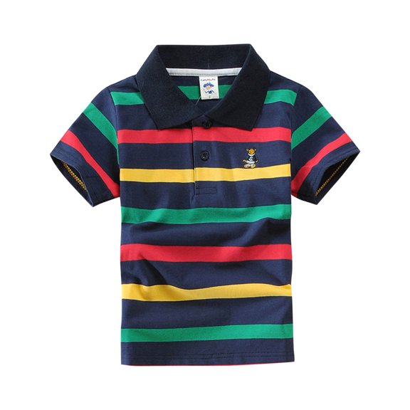Virmaxy (2-13 years old) Children's Summer Striped Small Print Shirt Kids Baby Girls Casual Sports Short Sleeve T-shirt Trendy Pullover Shirt Short Sleeve Lapel Top Black 3-4Years