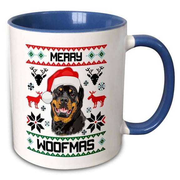 3drose, Merry Woofmas Rottweiler Dog Christmas Gift, 11oz Two-tone Blue Mug