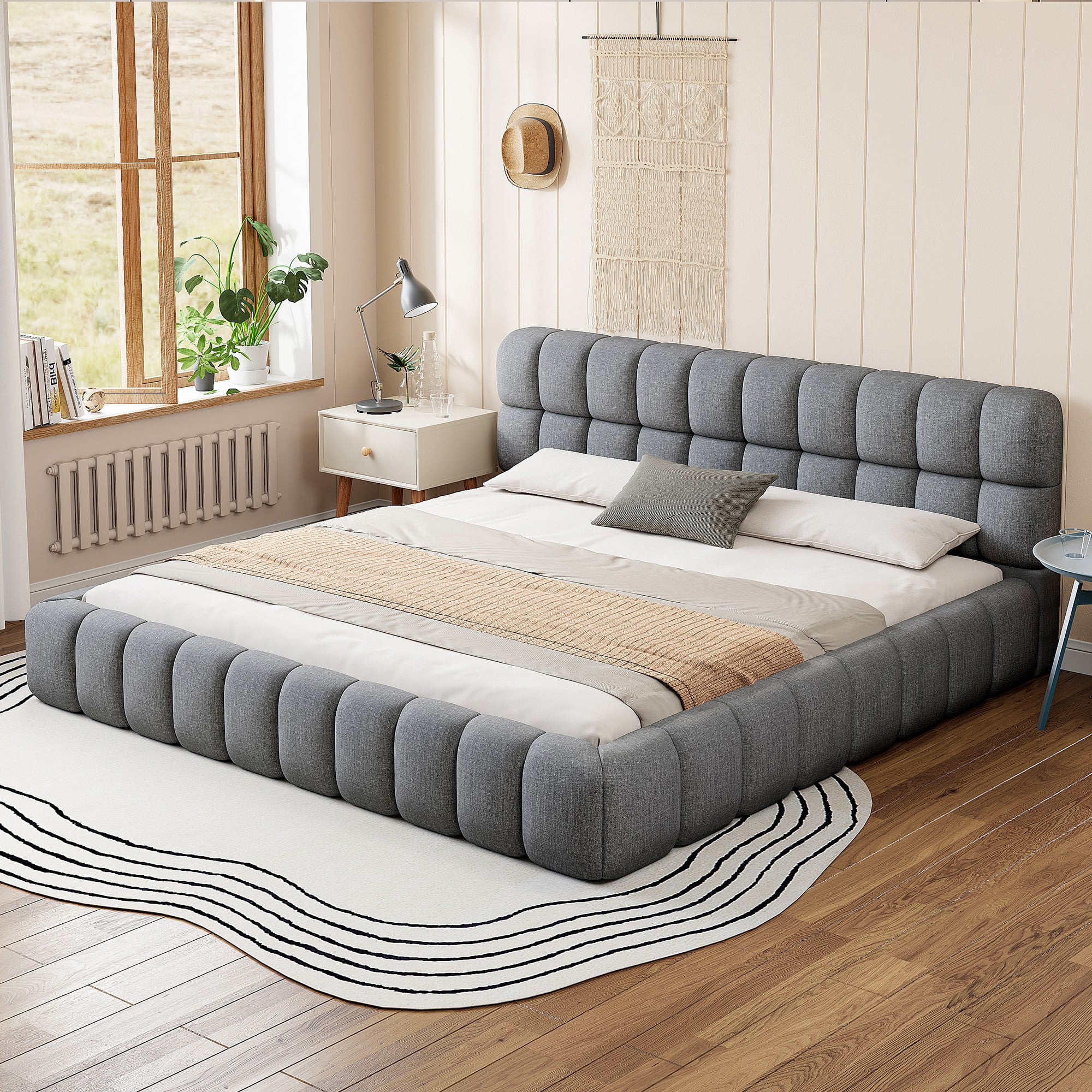 Aukfa King Size Upholstered Platform Bed, Modern Grounded Bed Frame with Thick Linen Fabric Headboard & Footboard, Gray