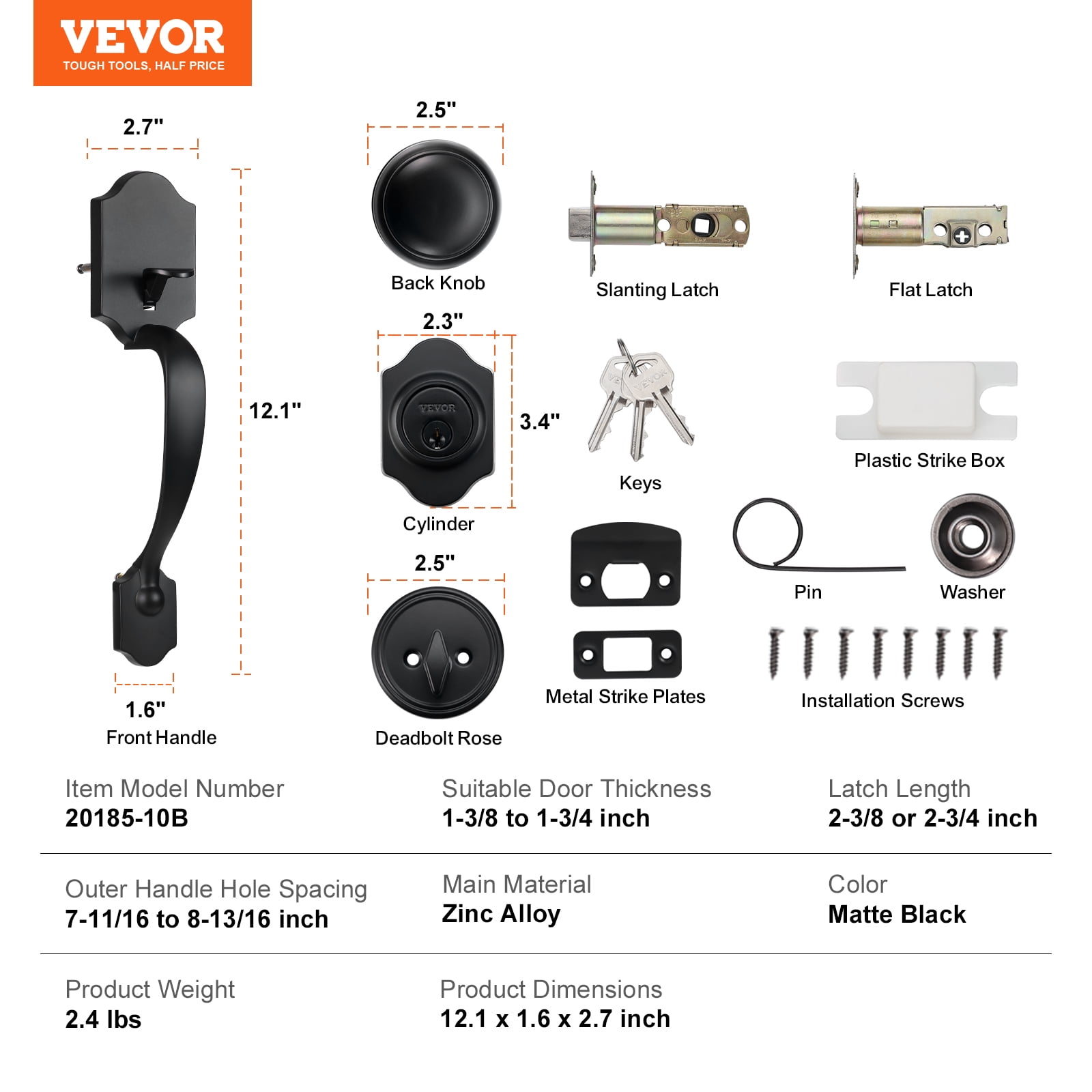 VEVOR Front Door Handle and Deadbolt Set, Matte Black Front Door Lock Set with Interior Knob, Adjustable Hole Spacing Single Cylinder Handleset, for Right and Left Handed Entrance and Front Door