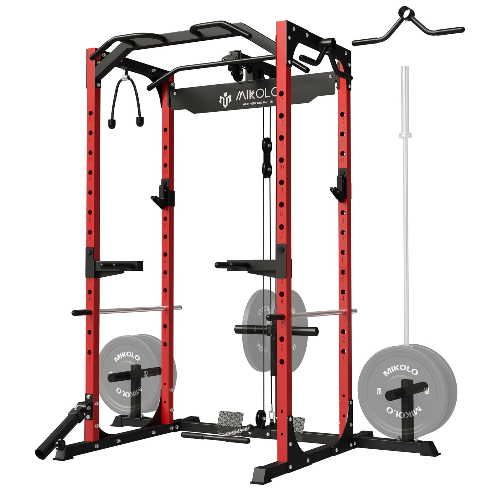 Normalt Imponerende oase Mikolo Power Rack Cage with LAT Pulldown System,1200LBS Capacity Power Rack,  Multi-Functional Squat Rack with 13-Level Adjustable Height and J-Hooks,  Dip Bars, T-Bar, Gym Equipment (Upgraded) - Walmart.com