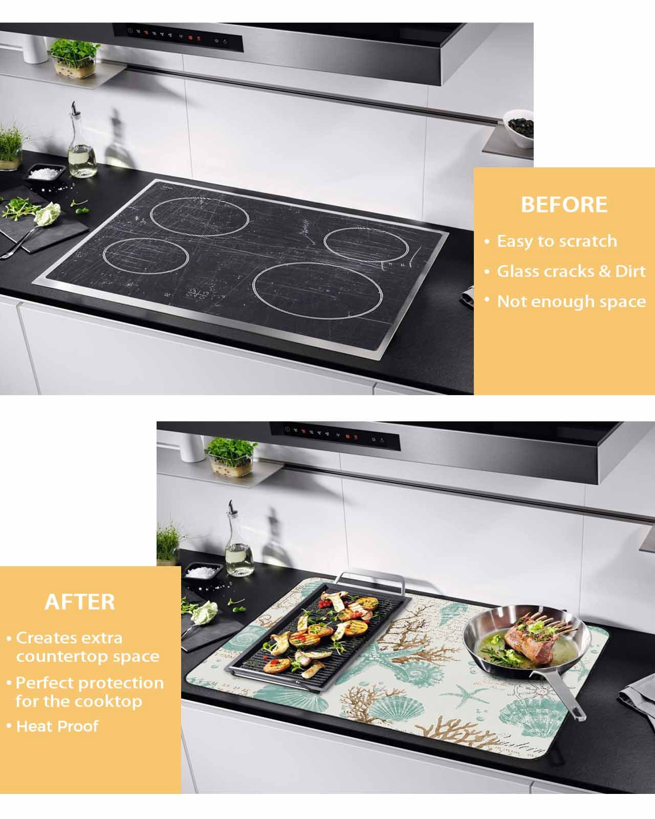 nqOlkjepod Large Induction Cooktop Protector Mat 24"x21", Coastal Starfish Stove Top Covers for Electric Stove, Farmhouse Nautical Seahorse Conch Stove Burner Cover Mats, Glass Top Stove Cover