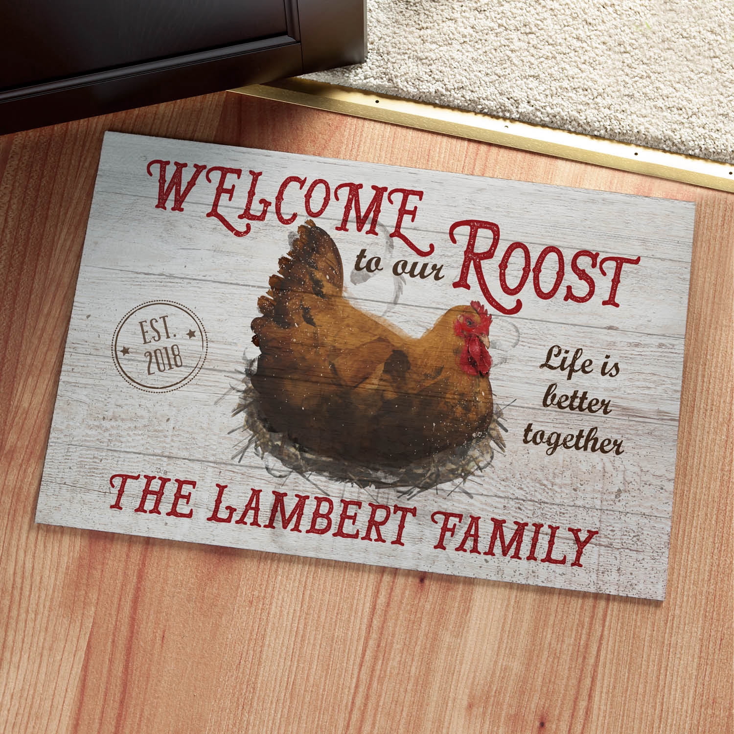 Personalized Planet 27x18 Welcome to our Roost Life is Better Together Doormat with Custom Family Name Printed on Off-White Rectangular 1/8” Thick Non Slip Mat for Kitchen Hallway Deck or Porch