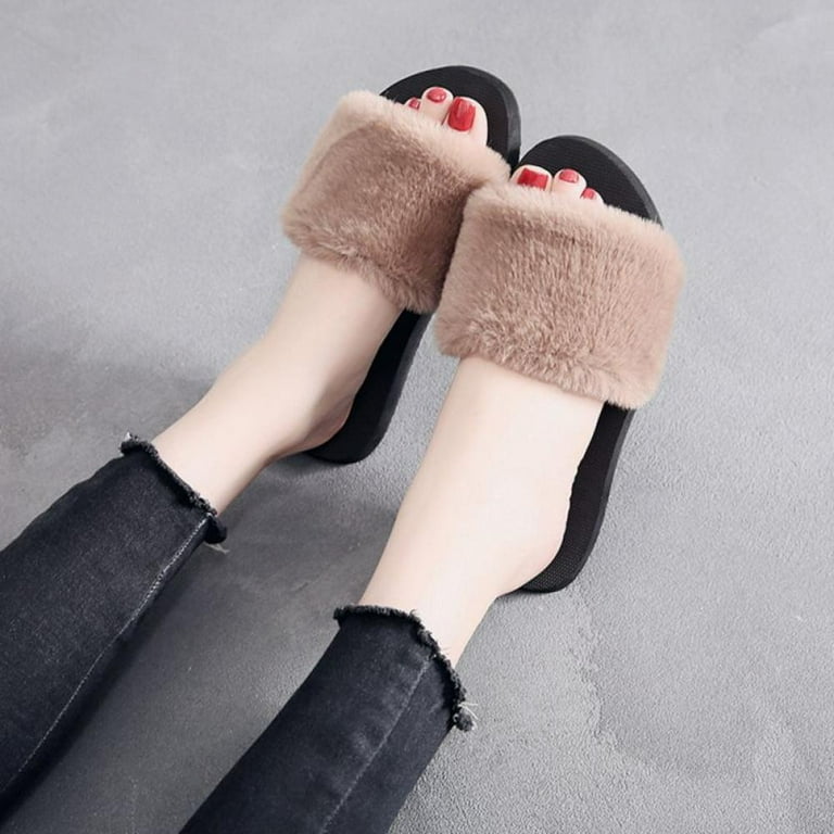 Designer Slides Fluffy Slippers Indoor Flat Faux Fur Sandals