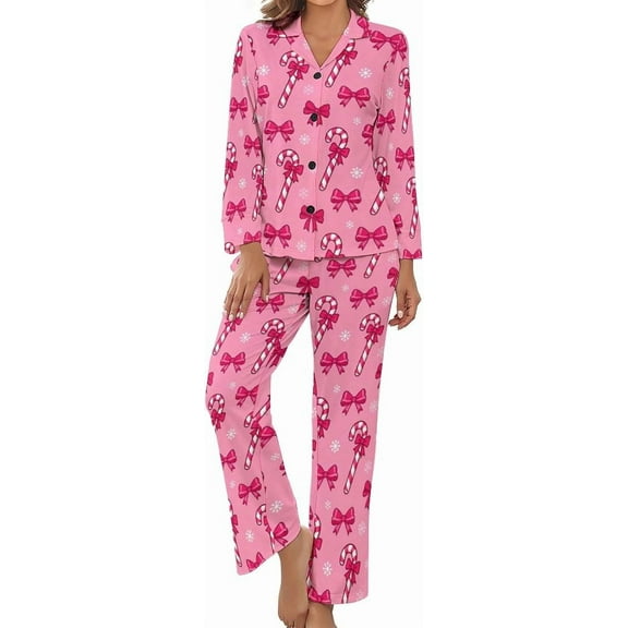 Top-kevin Pajama Sets for Womens Candy Cane Bow Snowflake Loose Button Down Long Sleeve Shirts And Pants Set
