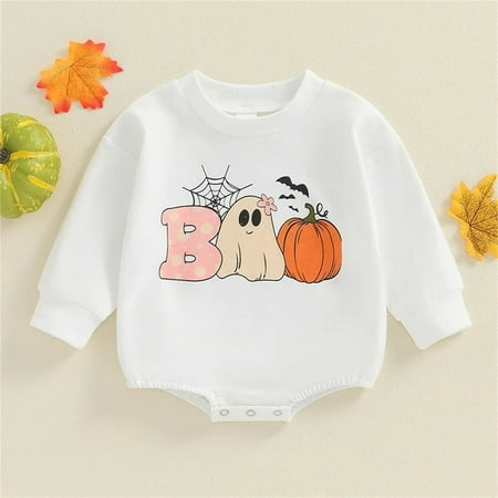 

TMOYZQ Halloween Infant Baby Boy Romper Long Sleeve Casual Crew Neck Jumpsuit Fall Winter Casual Ghost Pumpkin Print Sweatshirt Bodysuit on Clearance