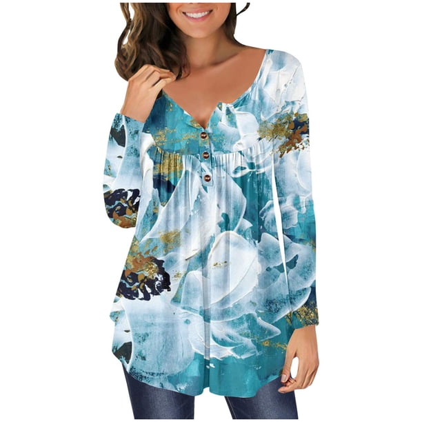 Camiseta informal para mujer, blusa estampada de manga larga con cuello redondo y botones fruncidos Fridja bvmnju2975