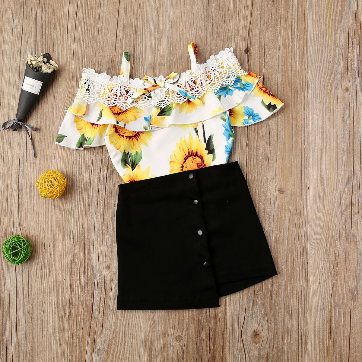Baby Girl Summer Clothing 2-Piece Short Sleeve Off Shoulder Flower Print Top + Black Short Skirt (80/90/10/110/120) -
