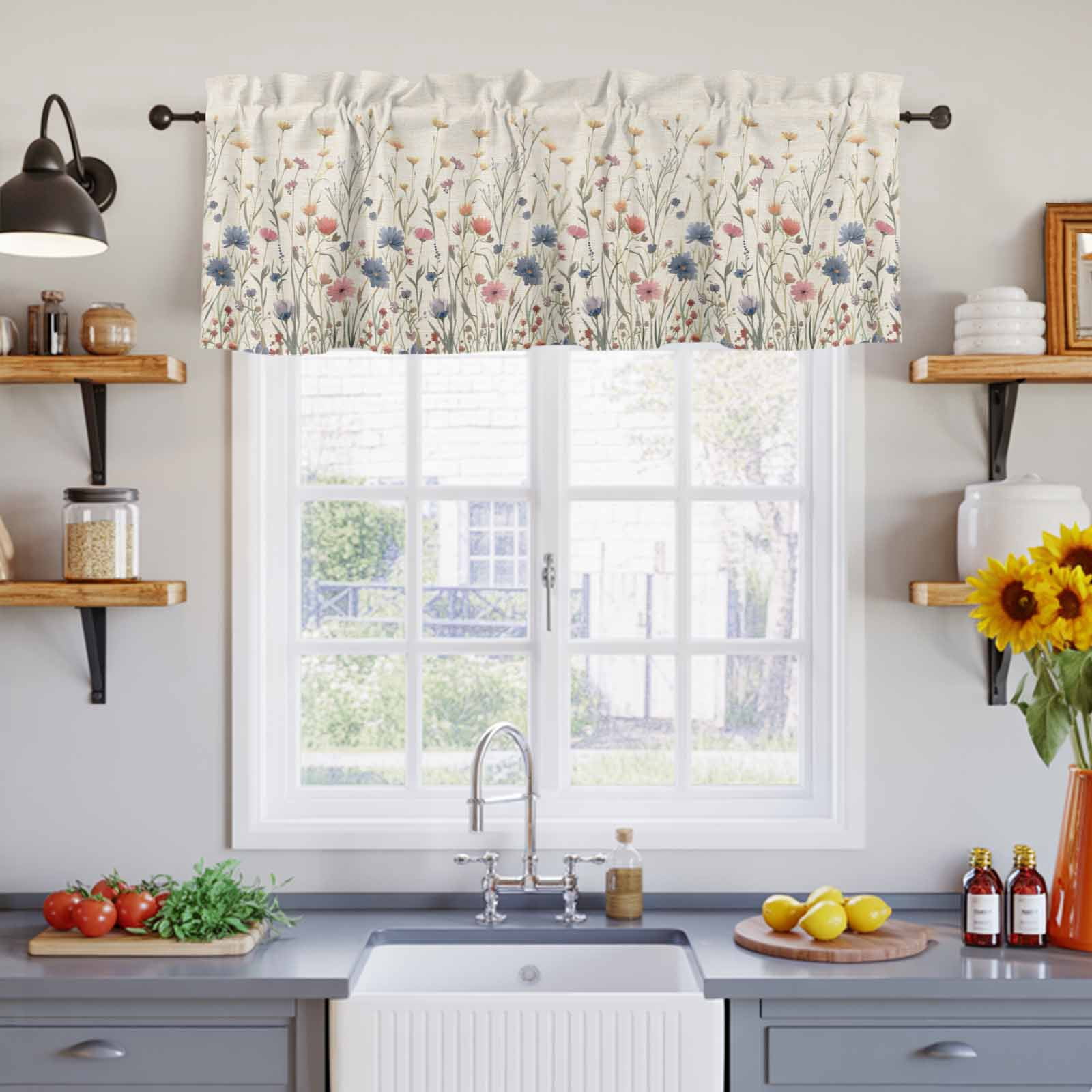 2 Pack Floral Valance for Window Watercolor Leaves Colorful Daisy Linen Background Kitchen Valance Rod Pocket Short Curtain Topper Decorative Window Treatment for Living Room Bedroom 54"x18"