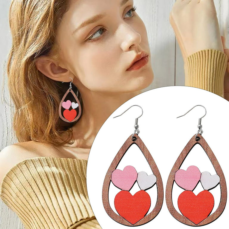 Frehsky Earrings for Women Valentine's Day Red Love Drop Earrings Double Sided Wooden Earrings to Wear Decorative Girls Gifts Valentines Day Gifts