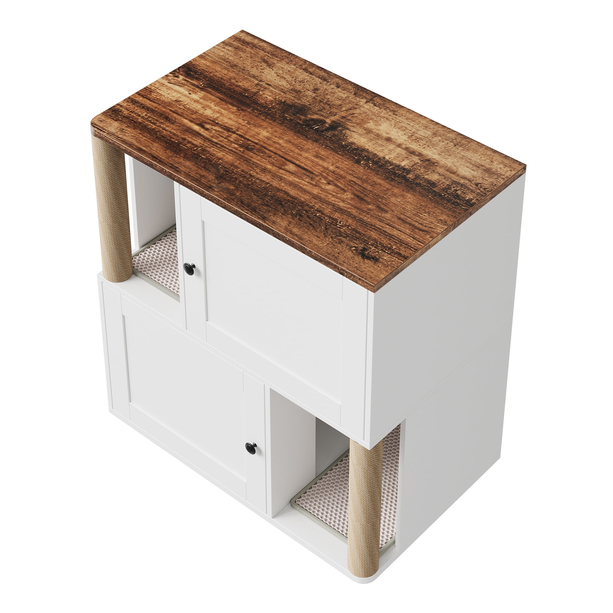 Double Layer Cat Litter Box Enclosure for 2 Cats, Hidden Litter Box Furniture with Cat Scratching Post and Board, 2 Story Wooden Cats Washroom or Bed