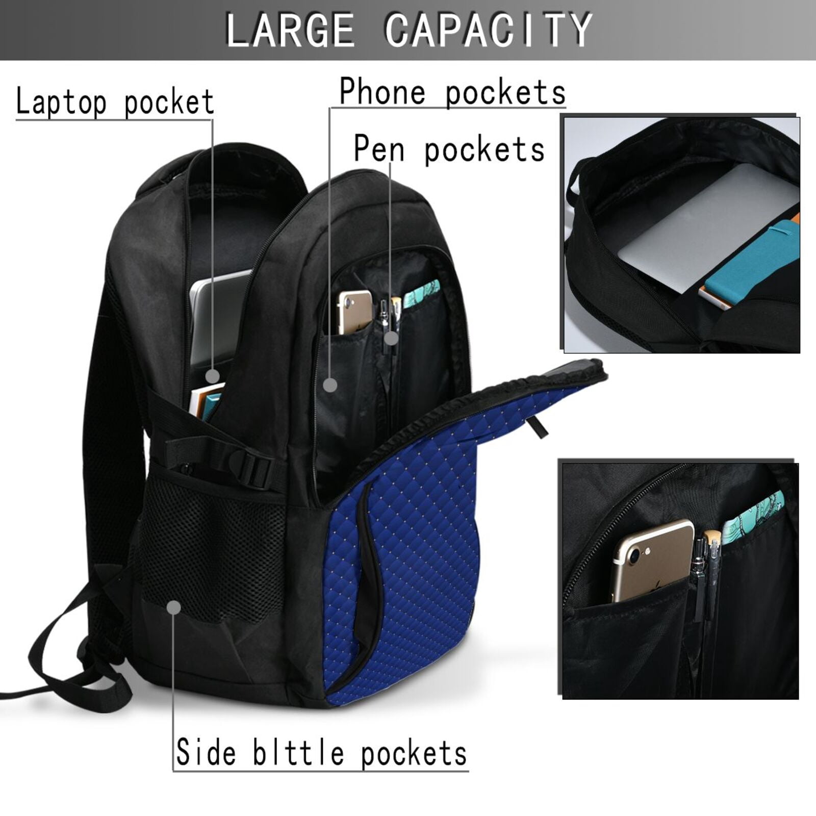 Vsdgher Navy Blue Print Travel Laptop Backpack, Laptops Backpack with USB Charging Port, Water Resistant Computer Bag Gift for Men & Women