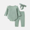 thumbnail image 2 of PatPat Baby Girls Outfits Sets, Infant Clothes 3pcs Baby Girl Solid Cotton Ribbed Ruffle Trim Bow Front Long-sleeve Romper and Pants with Headband Set, 2 of 6