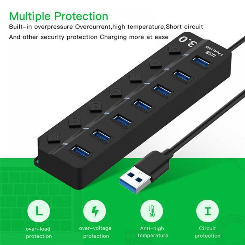 4/7 Port USB 3.0 Hub 5Gbps High Speed On/Off Switches AC Power Adapter For PC US 
