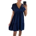 thumbnail image 3 of Women V-Neck Loose Mini Dress Short Sleeve Ruffle Dress Solid Color Lounge Casual Dress, 3 of 3