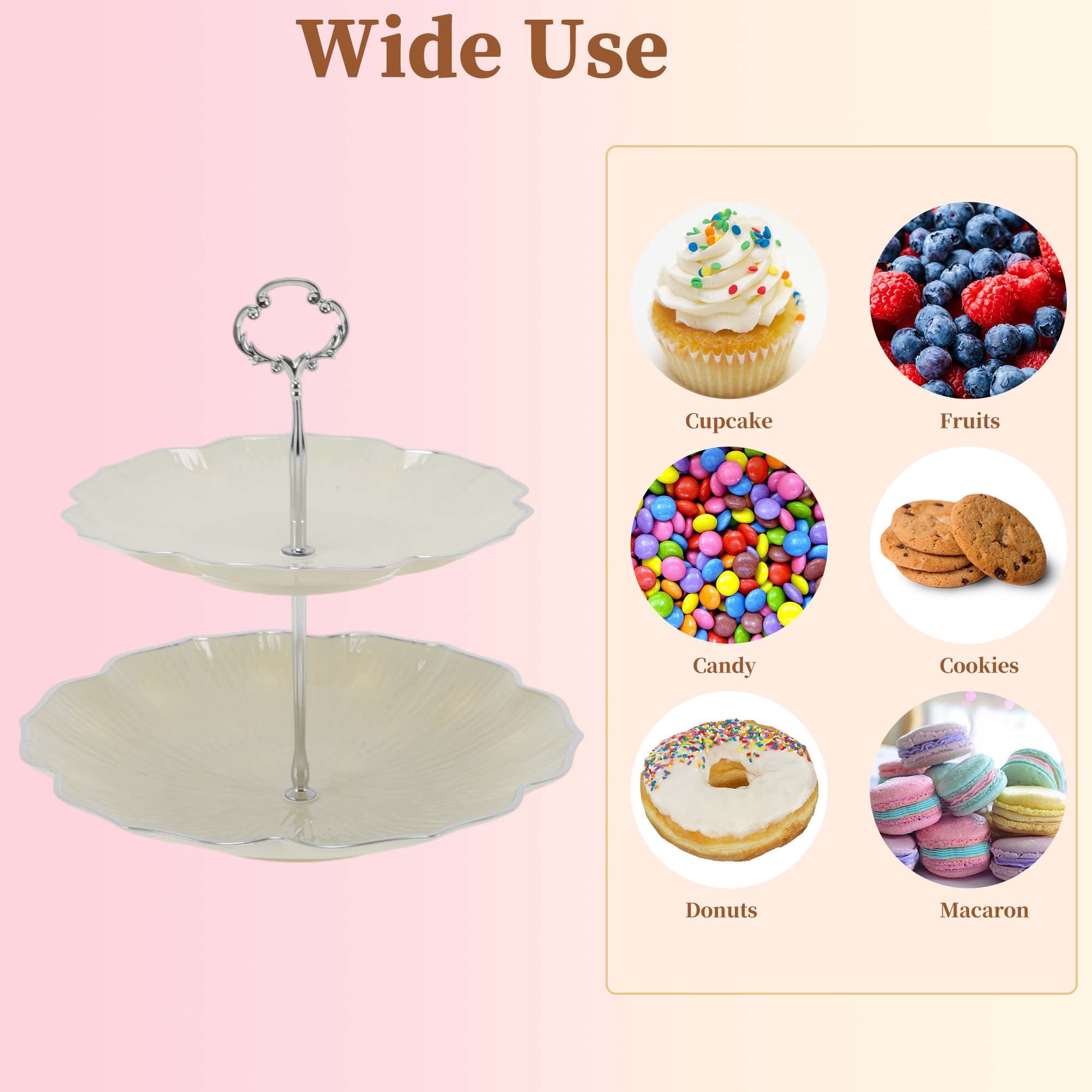 Unique Bargains 2 Tier Dessert Cupcake Stand Holder for Donuts Beige Silver Tone