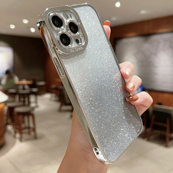Compatible with iPhone 13, Camera Lens Protector Plating Luxury Glitter Bling Cover for Women Clear Soft TPU Shockproof Anti-Fall Protective Phone Case For iPhone 13, Silver