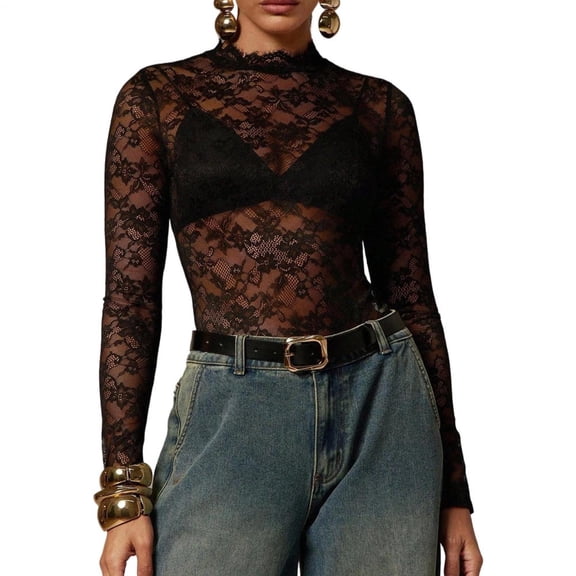 Long Sleeve Lace Bodysuit Slim Fit Sheer Long Sleeve Bodysuit Mock Neck Sexy Tops for Night out Party Club