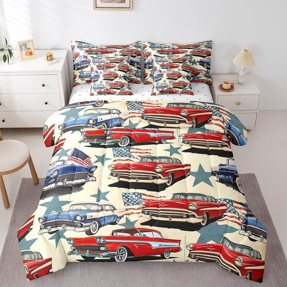 jejeloiu Vintage Car Twin Bedding Sets,7-Piece,American Flag Bedding Comforter Set,Motorcycle Vehicles Sheet Sets For Boys Kids,Ultra Soft Bedroom Decoration Reversible