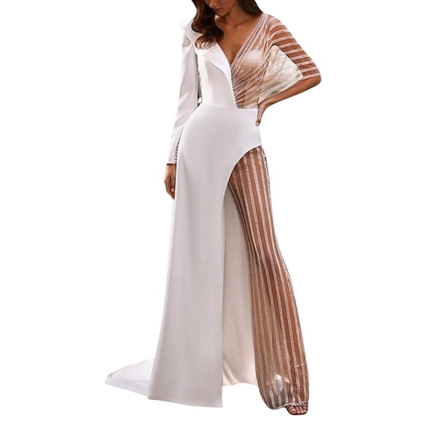 Gibobby Vestidos de fiesta elegantes Vestido irregular de encaje de encaje para mujer con escote en V profundo y manga larga(Blanco,M)