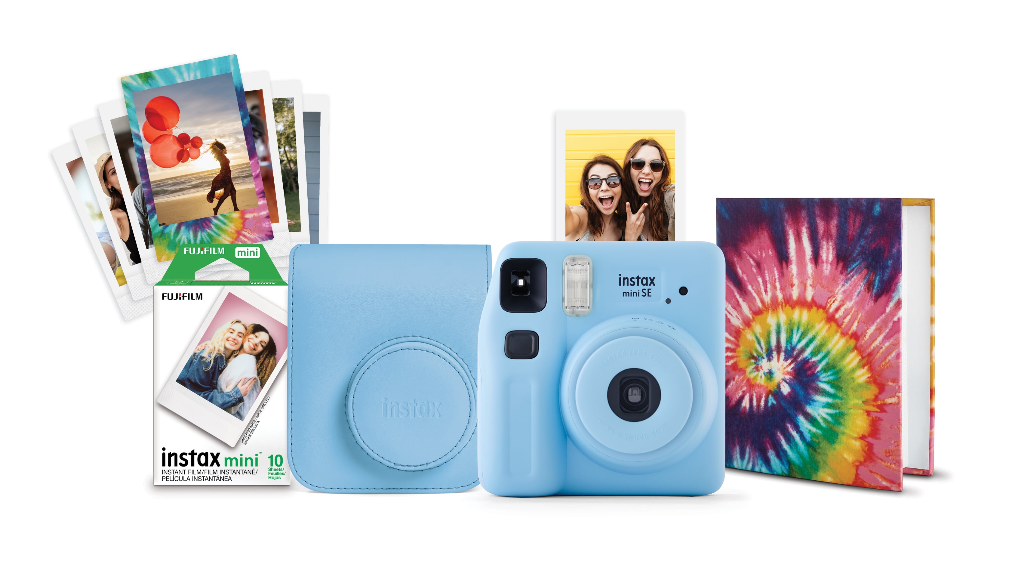 Fujifilm instax Mini SE Instant Camera Bundle with Case, 10 Pack Film, Album, and Frame Stickers, Light Blue (Value Bundle)