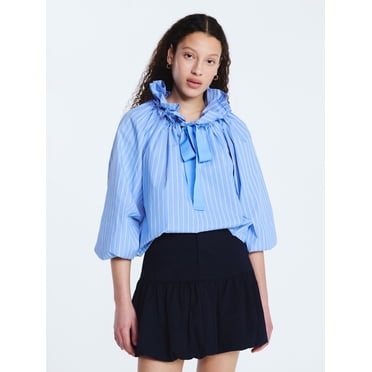 Free Assembly Women's Ruffle Tie Neck Cotton Top with Long Puff Sleeves, Sizes XS-XXL