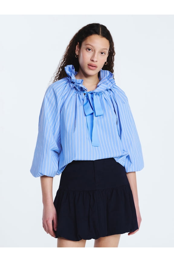 Women's Ruffle Tie Neck Cotton Top with Long Puff Sleeves, Sizes XS-XXL