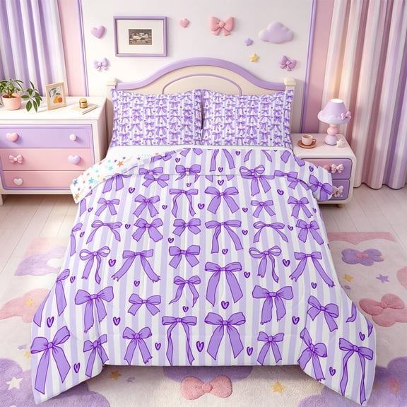 Manfei Cute Purple Bowtie Full Size Comforter Sets,Fashion Bowknot Heart Print Bedding Comforter Set,Colorful Stars Reversible,3pcs,1 Comforter and 2 Pillowcases